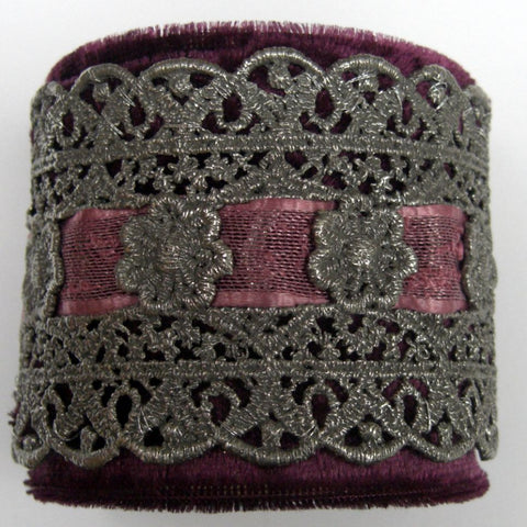 Pewter Metal Lace On Crushed Velvet Cuff Bracelet