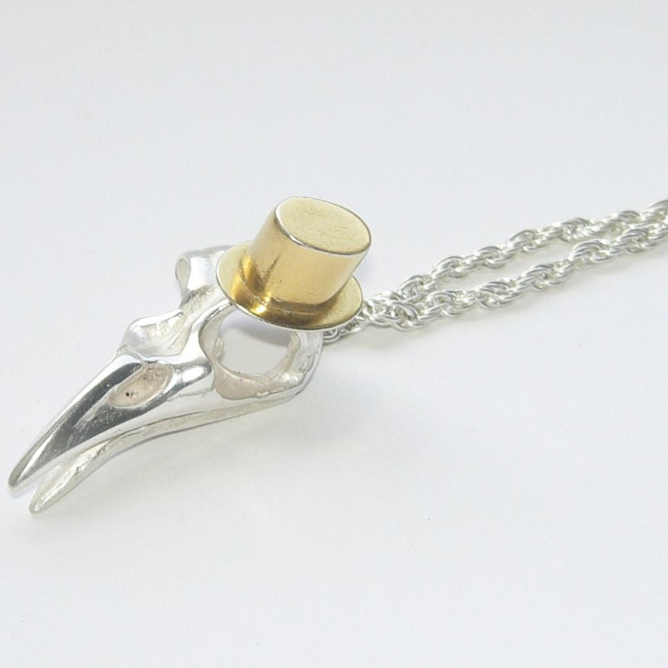 Sterling Silver Bird Skull Gold Vermeil Top Hat Pendant Bird, Immortal, Necklace, Necklaces, Pendant, Pendants, Skull, Sterling Silver