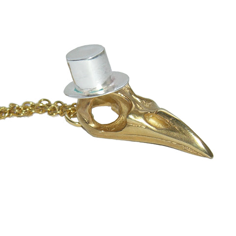 Gold Vermeil Bird Skull With Top Hat Pendant