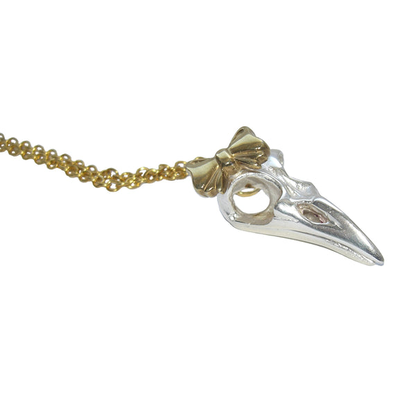 Sterling Silver Bird Skull Gold Vermeil Bow Pendant