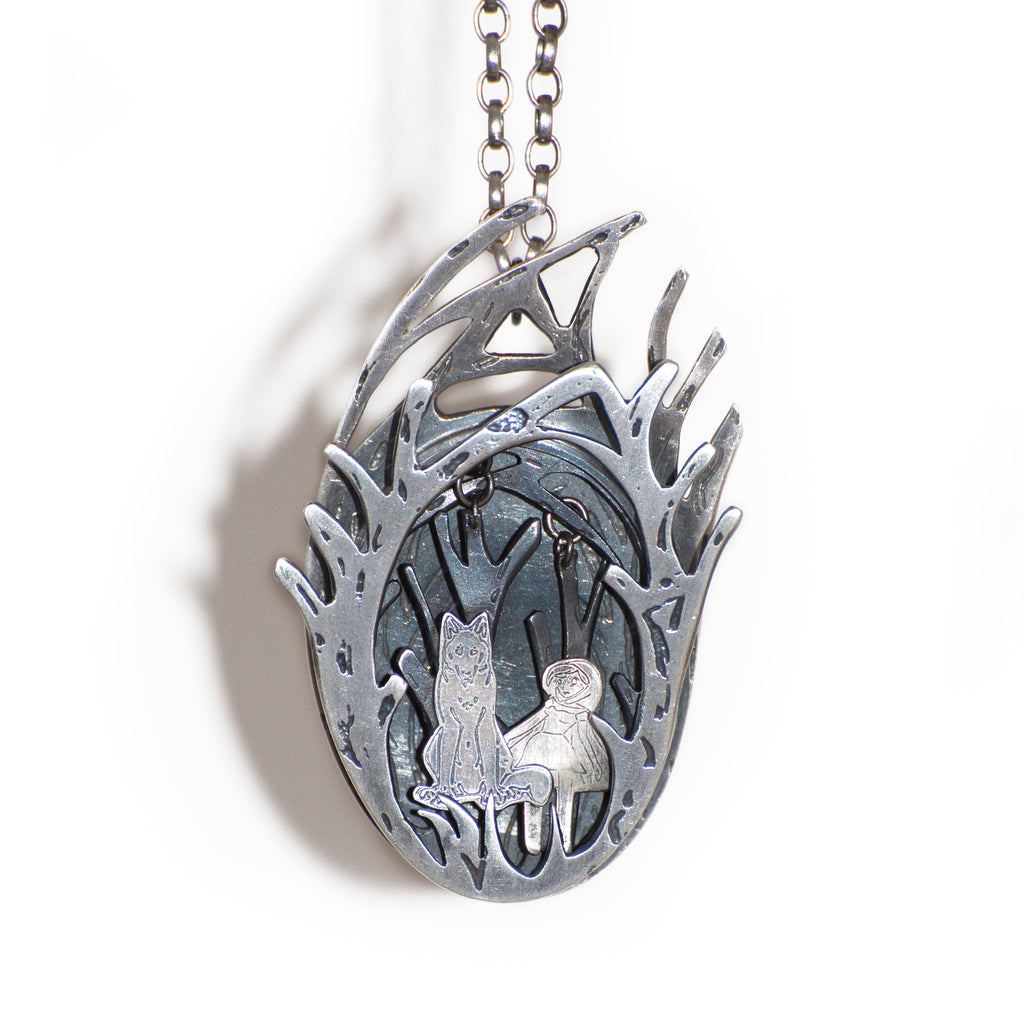 Sterling Silver Kinetic Necklace, Red Riding Hood And Wolf 01