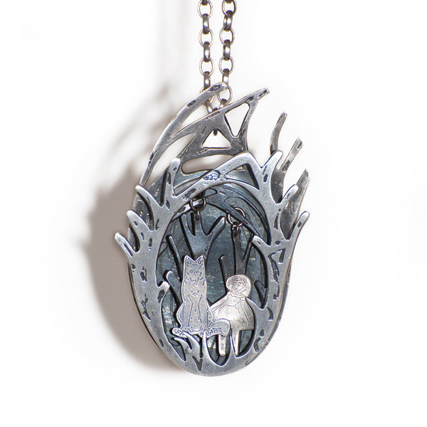 Sterling Silver Kinetic Necklace, Red Riding Hood And Wolf 01