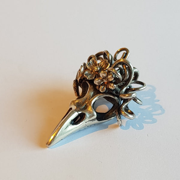Sterling Silver Raven Bird Skull Medusa Pendant