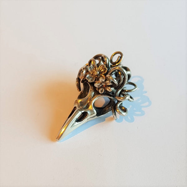Sterling Silver Raven Bird Skull Medusa Pendant