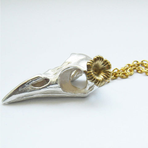 Sterling Silver Bird Skull Gold Vermeil Flower Pendant Bird, Immortal, Necklace, Necklaces, Pendant, Pendants, Skull, Sterling Silver