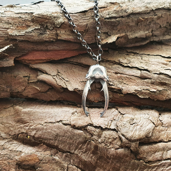 Sterling Silver Stag Beetle Head and Jaw Pendant - Oxidised