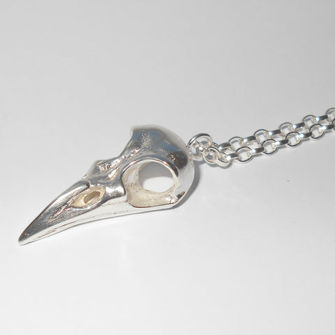 Sterling Silver Raven Bird Skull Pendant Closed beak