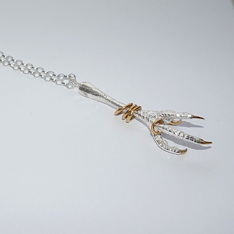 Sterling Silver Kestrel Bird Claw with gold bangles and nails Pendant